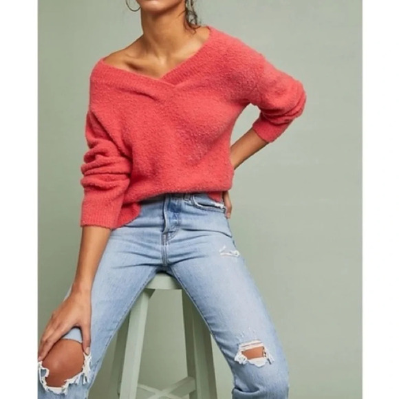 Anthropologie Clayton Wool Alpaca Blend Fuzzy V Neck Bell Sleeve Sweater - Picture 1 of 6